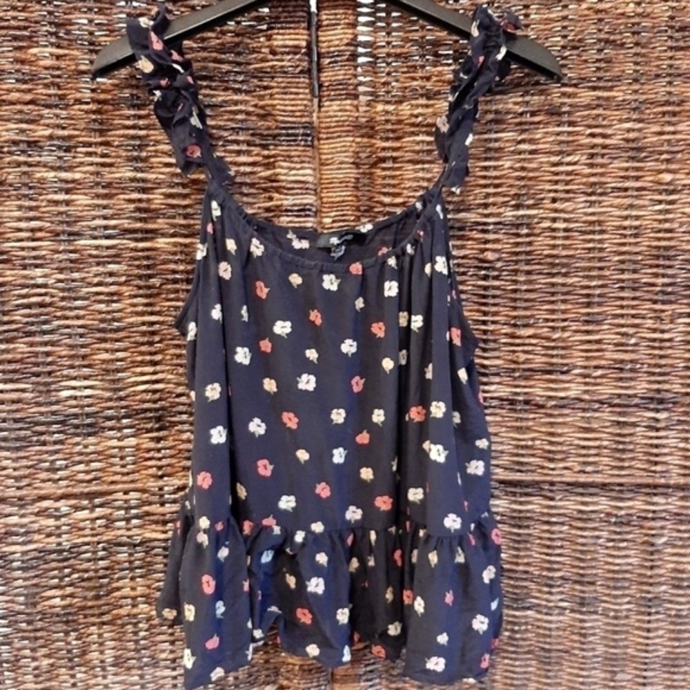 Madewell Silk Women's 10 Ruffle-Strap Cami Tank Top in Confetti Floral Navy Blue